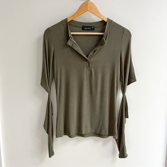 Six/Fifty Ribbed Elbow Cutout Long Sleeve Henley Tee Army Green Small - Picture 1 of 5